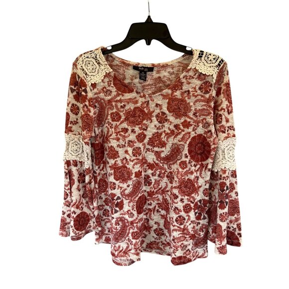 Style & Co Red Floral Long Sleeve Top Womens Size Petite S Casual Stretch Blouse - Picture 2 of 12